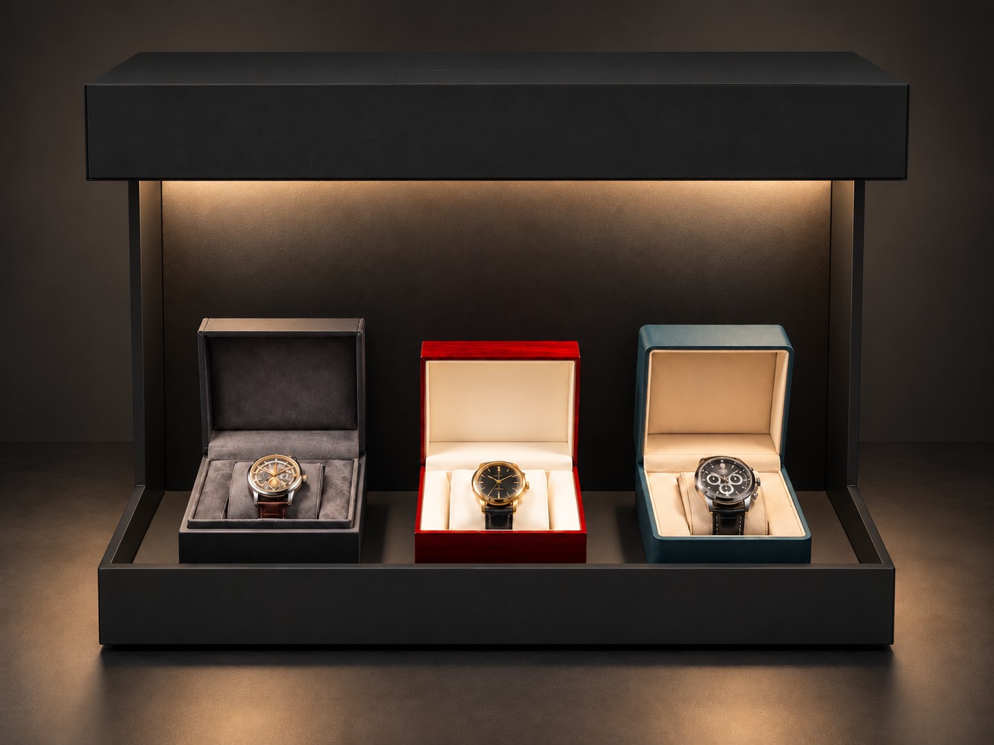 Rendering of Model D: a black architectural frame with warm light washing down over three watches in presentation boxes.
